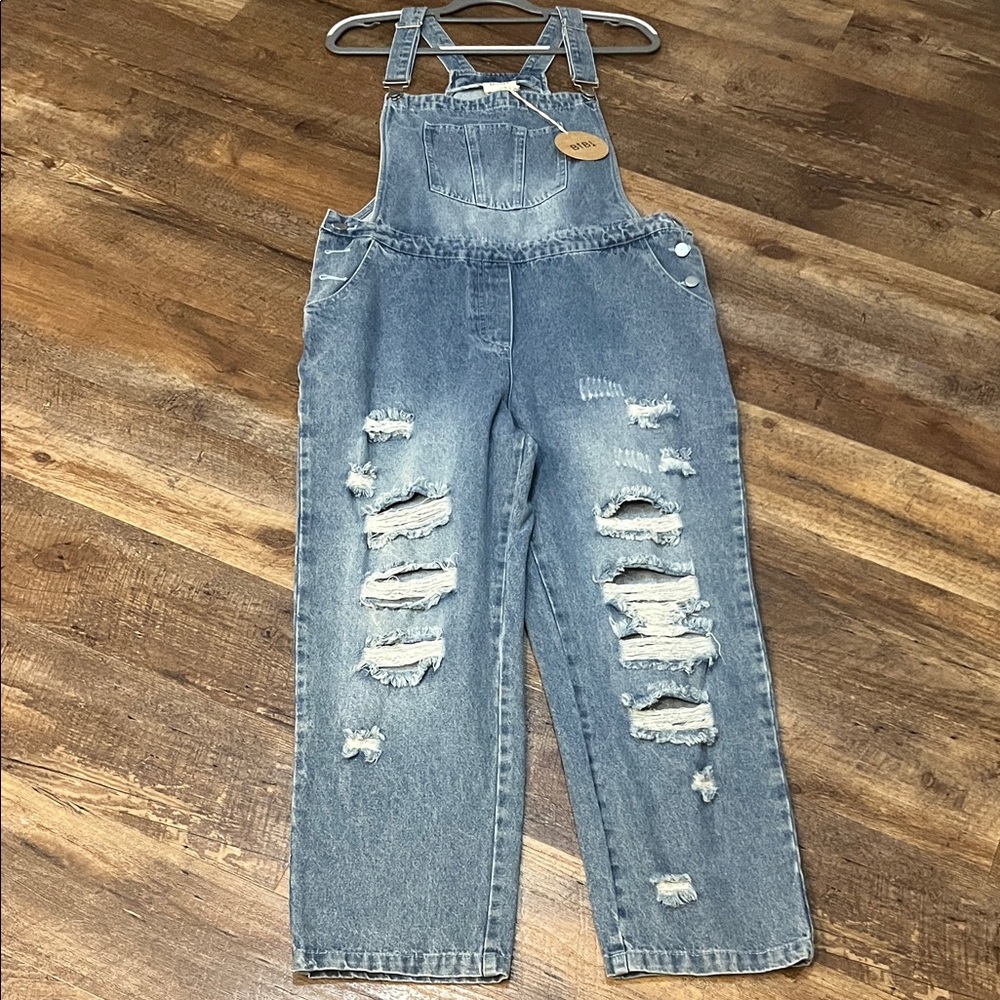 BiBi Women's Distressed Denim Overalls Sz M